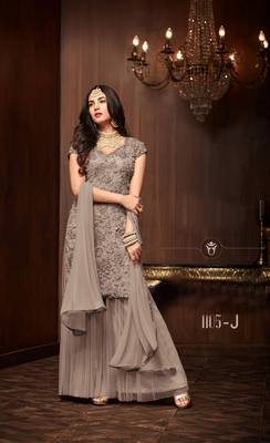 brown plain net semi stitched salwar with dupatta 1