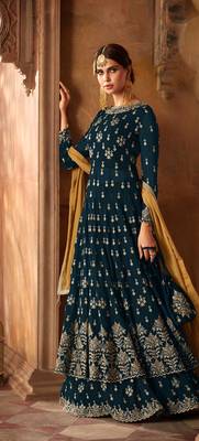 green embroidered faux georgette semi stitched salwar with dupatta 1