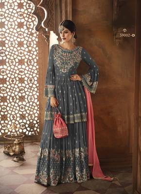 grey embroidered faux georgette semi stitched salwar with dupatta 1