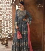 grey embroidered faux georgette semi stitched salwar with dupatta
