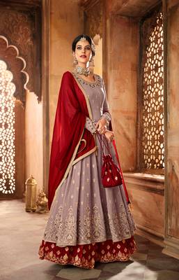 purple embroidered faux georgette semi stitched salwar with dupatta 1