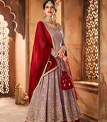 purple embroidered faux georgette semi stitched salwar with dupatta