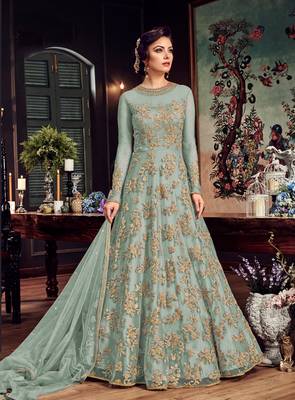 green embroidered net semi stitched salwar with dupatta 1