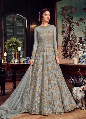 grey embroidered net semi stitched salwar with dupatta 1
