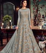 grey embroidered net semi stitched salwar with dupatta