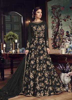 black embroidered net semi stitched salwar with dupatta 1