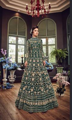 green embroidered net semi stitched salwar with dupatta 1