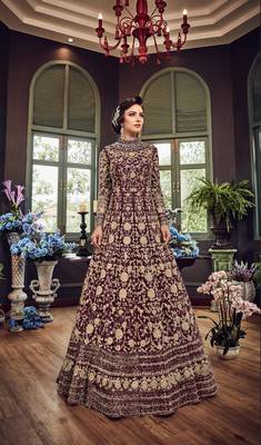 purple embroidered net semi stitched salwar with dupatta 1