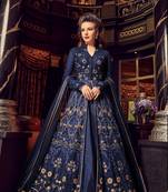blue  embroidered net semi stitched salwar with dupatta