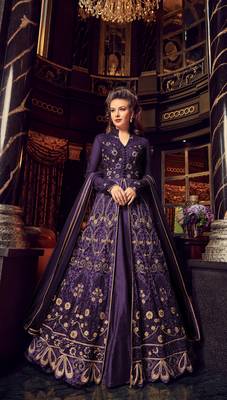 purple embroidered net semi stitched salwar with dupatta 1