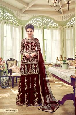 red embroidered net semi stitched salwar with dupatta 1