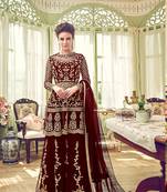 red embroidered net semi stitched salwar with dupatta