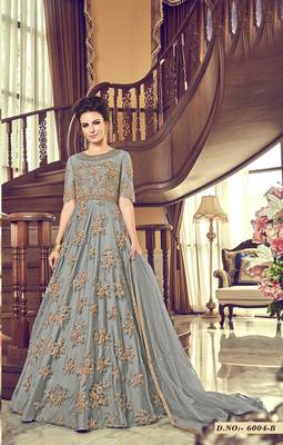 grey embroidered net semi stitched salwar with dupatta 1