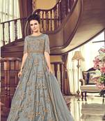 grey embroidered net semi stitched salwar with dupatta