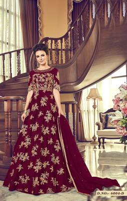 maroon embroidered net semi stitched salwar with dupatta 1