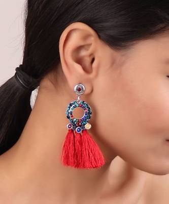 Red Tassel Earrings With Multicolored Accents 1