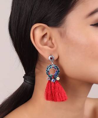 Red Tassel Earrings With Multicolored Accents 2