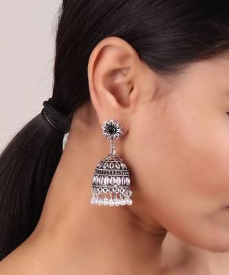 Silver Jhumki with White Beads 1