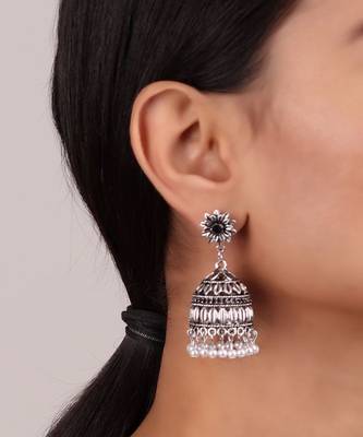 Silver Jhumki with White Beads 2