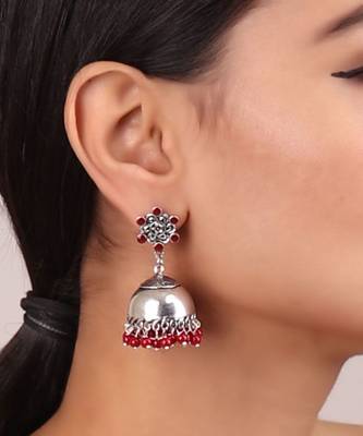 Plain Silver Jhumkis with Red Beads 1