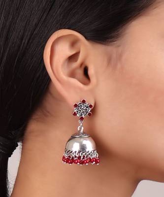 Plain Silver Jhumkis with Red Beads 2