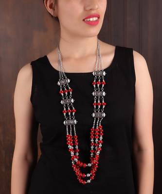 Red Beaded Silver Oxidized Necklace 1