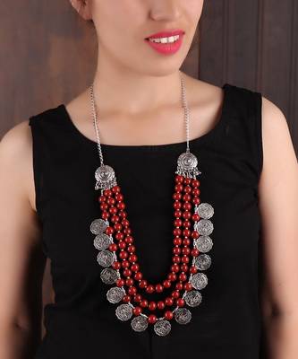 Red Beaded Silver Coin Necklace 1