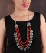 Red Beaded Silver Coin Necklace