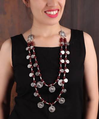 Double Layered Coin Necklace With Red Beads 1
