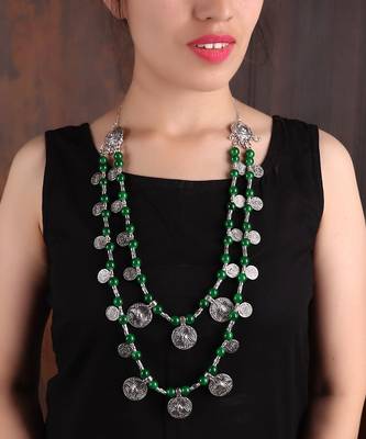 Double Layered Coin Necklace With Green Beads 1