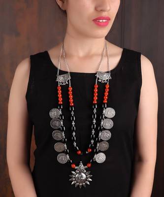 Tribal Inspired Beaded Silver Necklace 1