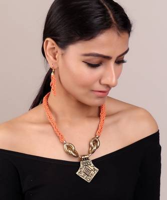 Orange Beaded Necklace Set 1