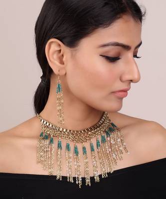 Teal Gold Classic Beaded Necklace Set 1
