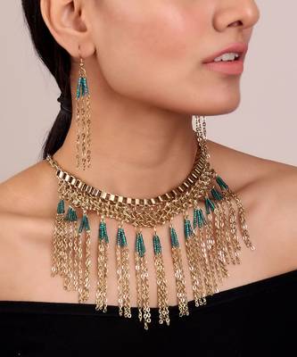 Teal Gold Classic Beaded Necklace Set 2