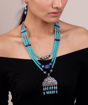 Triple Layered Blue Beaded Necklace Set 1