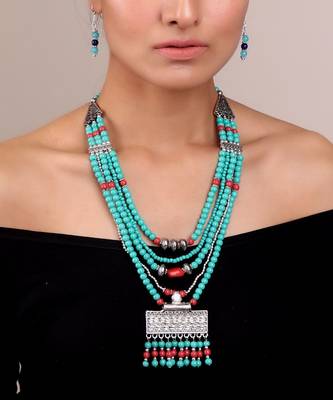 Triple Layered Blue Beaded Necklace Set 2