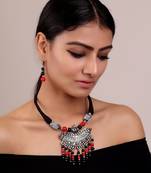 Oxidise Pendant Set with Red-Black Beads
