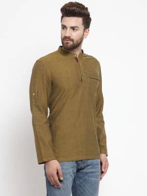 Green Hand Woven Cotton Men Kurtas 3