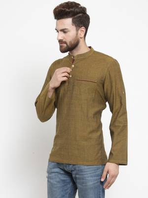 Green Hand Woven Cotton Men Kurtas 4