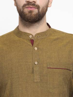 Green Hand Woven Cotton Men Kurtas 5