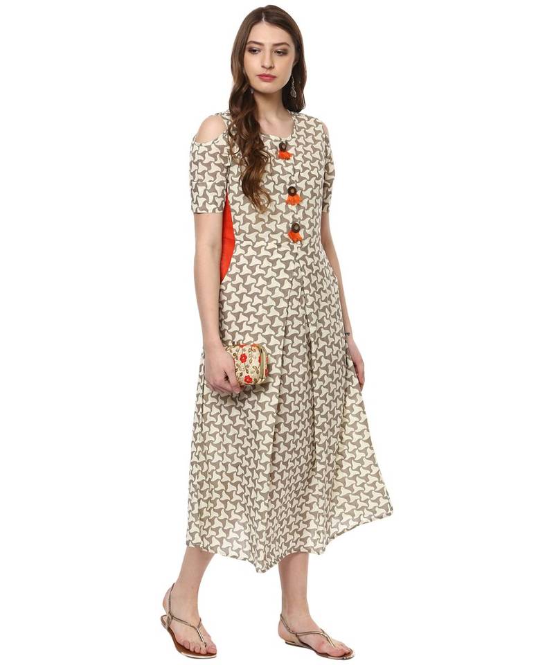 beige printed cotton stitched kurti