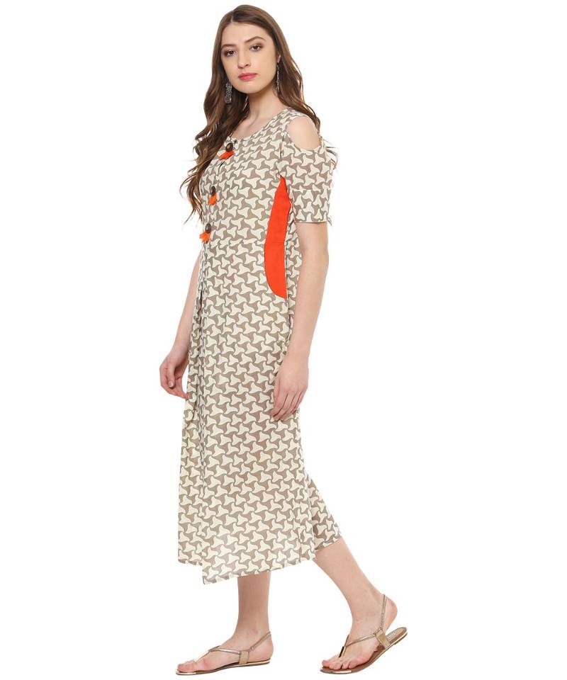 beige printed cotton stitched kurti