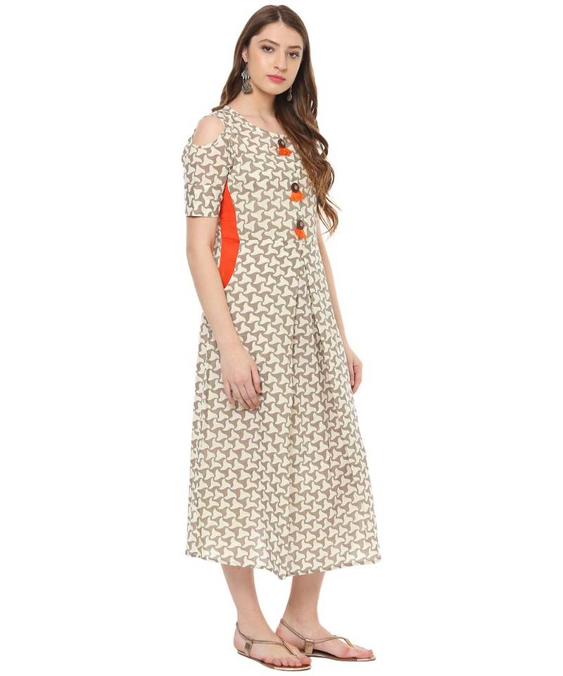 beige printed cotton stitched kurti