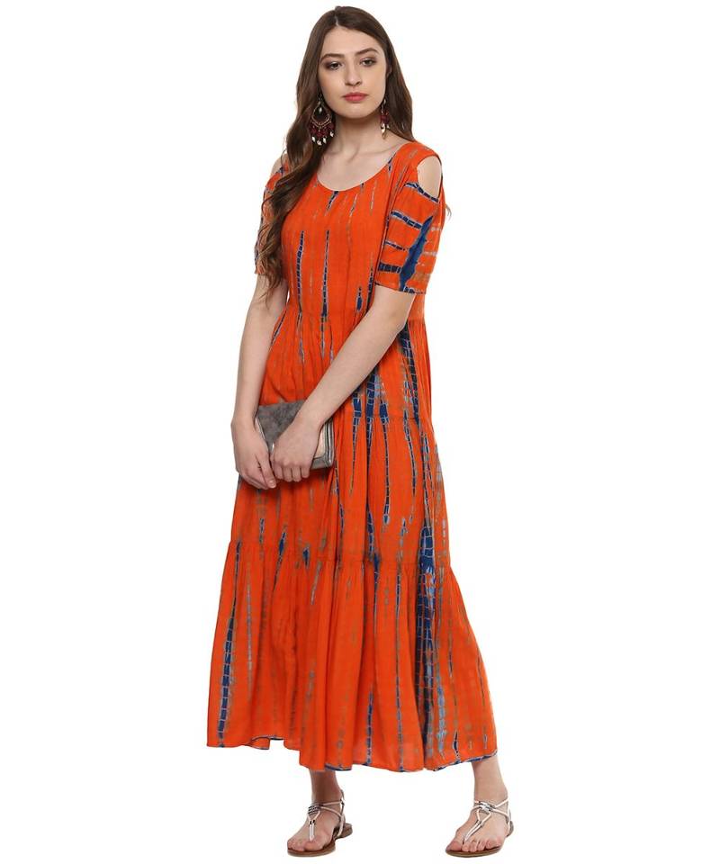 orange printed rayon stitched kurti