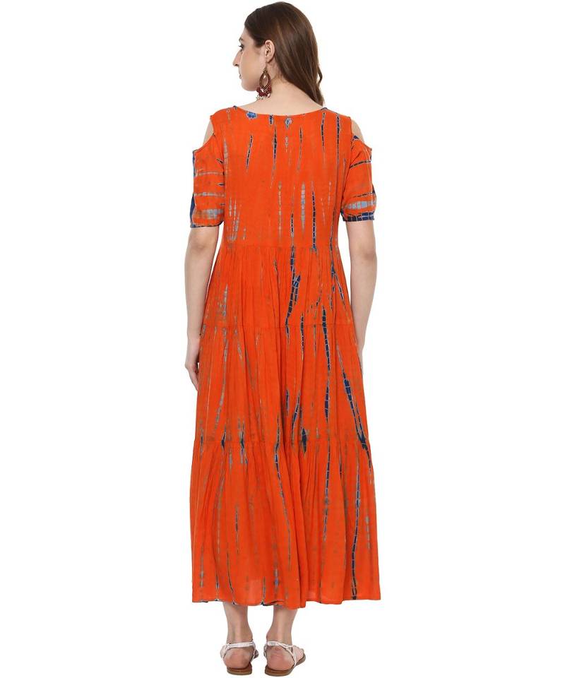 orange printed rayon stitched kurti