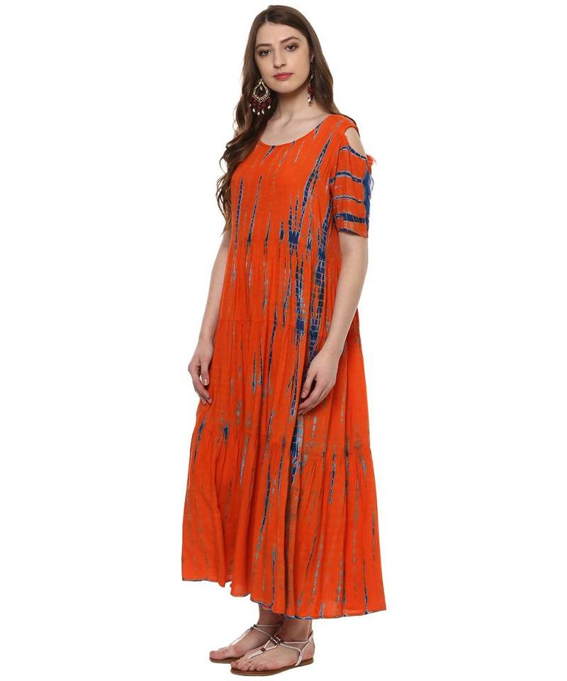 orange printed rayon stitched kurti
