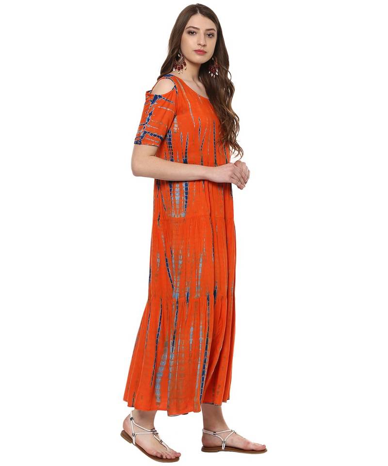 orange printed rayon stitched kurti