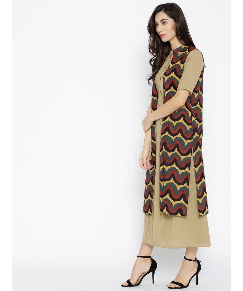 beige plain cotton stitched kurti