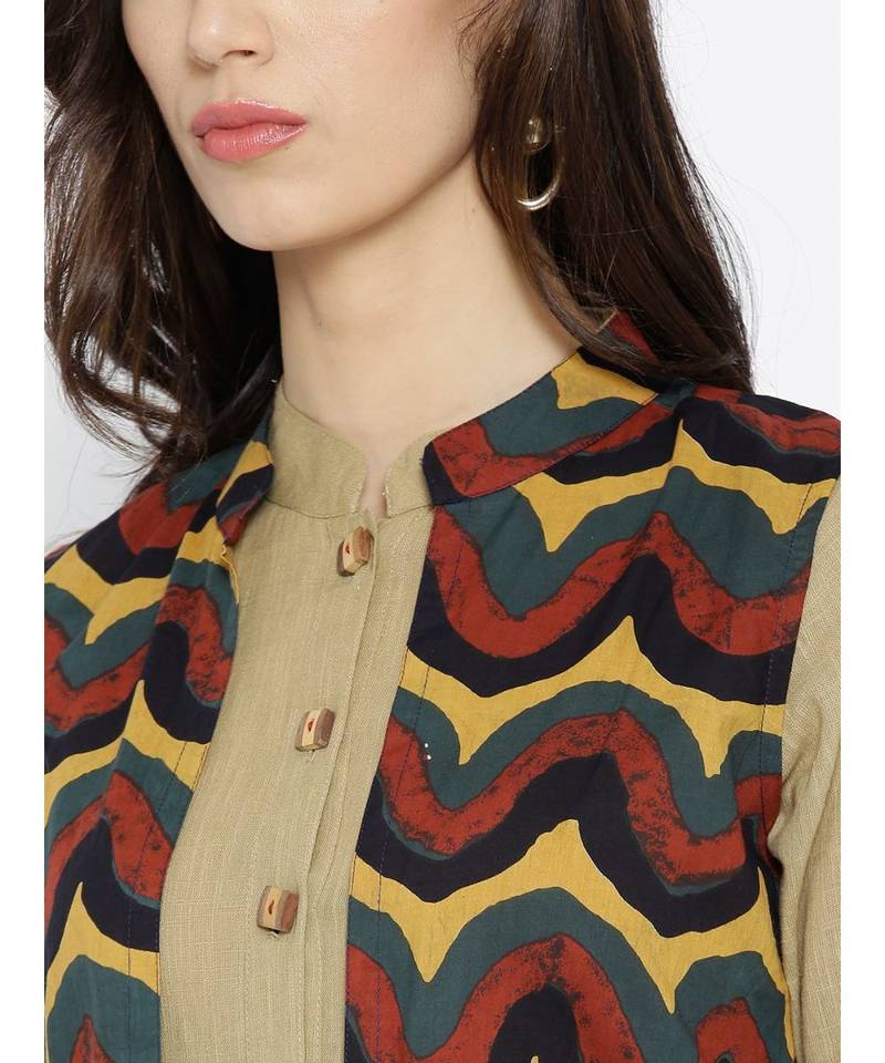 beige plain cotton stitched kurti