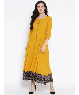 mustard plain cotton stitched kurti 1